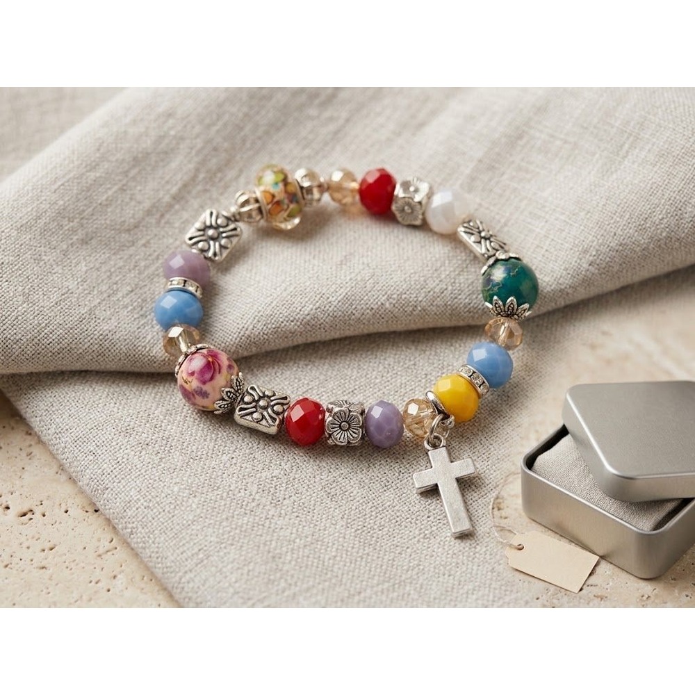 NWOT Stretch Bracelet Women OS Multi Color Floral Glass Cross Charm Boho